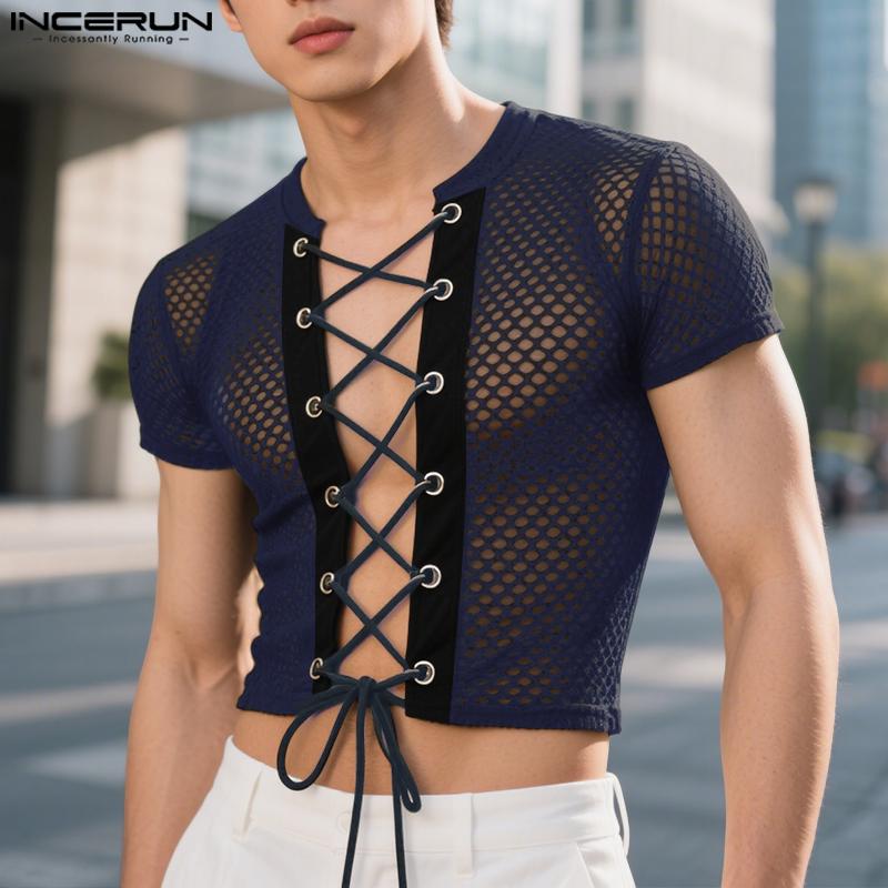 INCERUN Men Summer Short Sleeve Bandage Hollow Sheer Party Club Crop Tops T-shirts