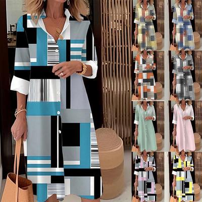 Vestido Camisero Estampado a Cuadros para Mujer Elegante Casual Manga Larga Botones Suelto Ropa de Mujer Otoño Nuevo
