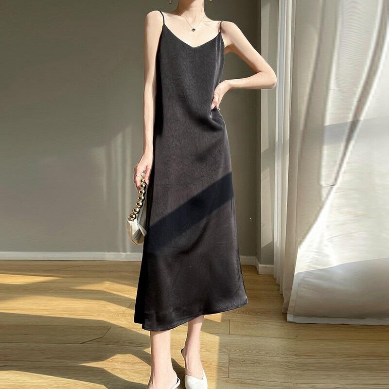 Light Luxury High-end Style Printed Satin Suspender Dress Women's New Temperament New Chinese Acetic Acid Dress