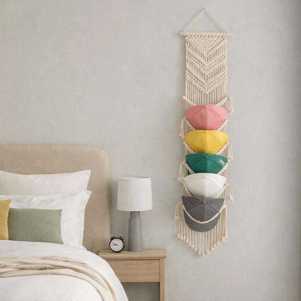 Handwoven Macrame Hat Rack Bohemian Style with Tassel Wall Hanging Cap Holder Wall-Mounted Handmade Cap Hanger Wall Mounted