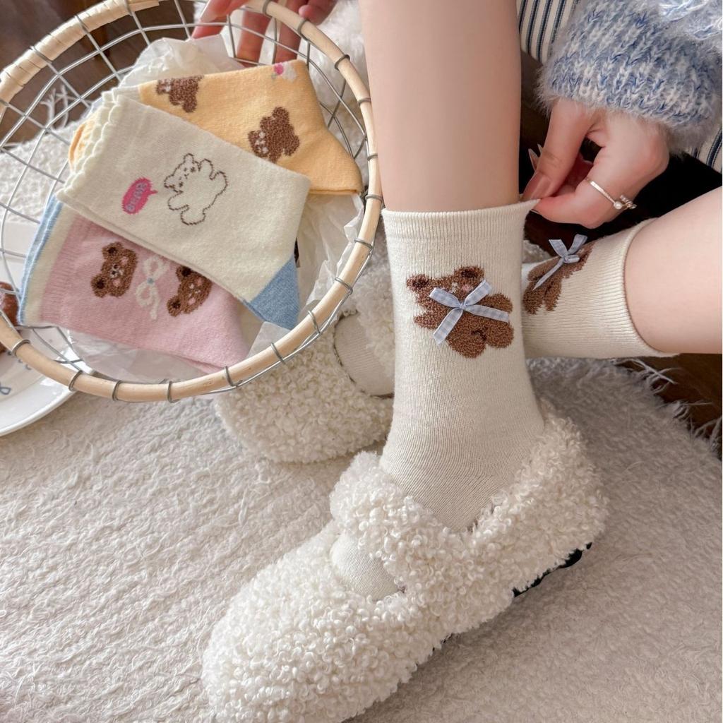 Medium Tube Socks Children Flocking Cute Rabbit Sweet Bow Stacking Socks Thickened Thermal Stockings