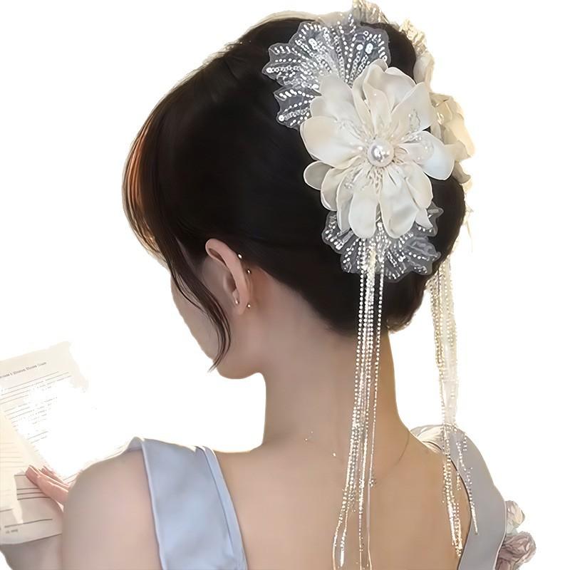 

1PC Flower Tassel Grab Clip Female High Sense, Temperament Versatile Hairpin Back Head Shark Clip Headdress білий
