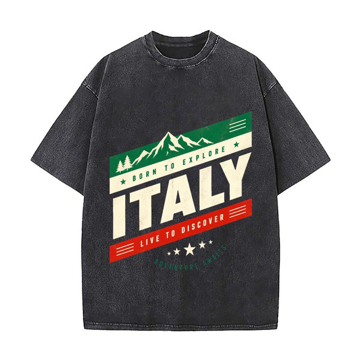 Italian Flag Stripe Retro Graphic Retro Washed Distressed T Shirt Men Summer Casual Short Sleeve S