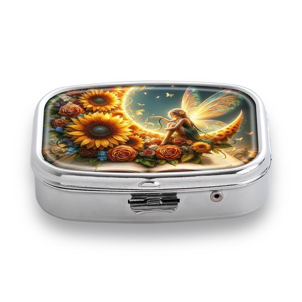 Pastillero Portátil con 2 Compartimentos, Mini Estuche Organizador de Medicamentos de Metal, Lindo Contenedor de Pastillas Impreso para Vitaminas, Pastillas, Joyas, Viajes, Uso Diario