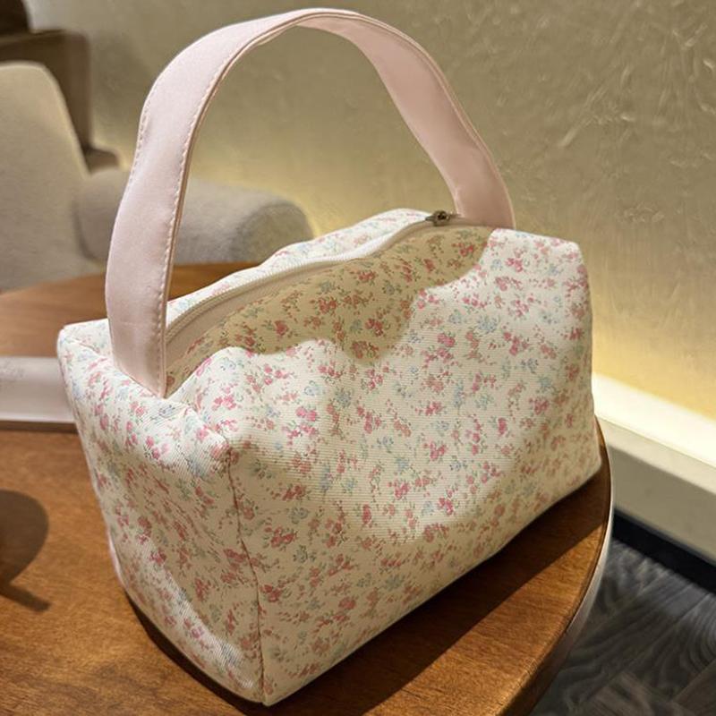 Cute Small Floral Printed Portable Hand-Held Makeup Bag Traveling Large Capacity Storage Toiletry Handbag