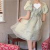 2025 Summer Women's Floral Puff Sleeve Square Neck Dress - Waist-Hugging Princess Style