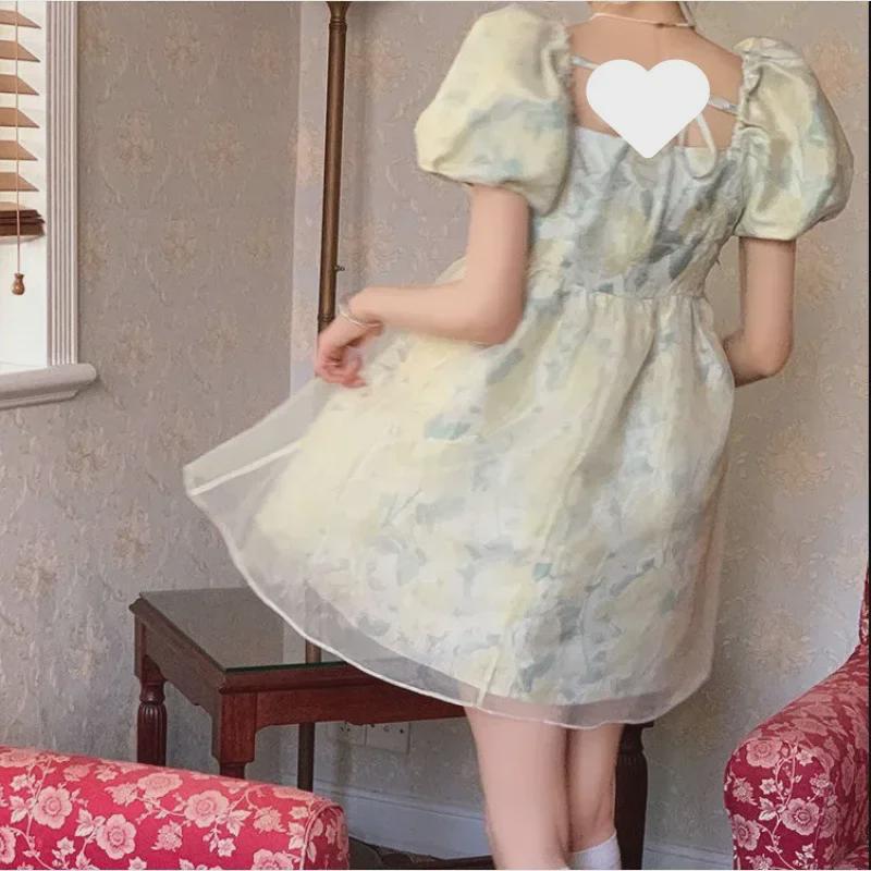 2025 Summer Women's Floral Puff Sleeve Square Neck Dress - Waist-Hugging Princess Style