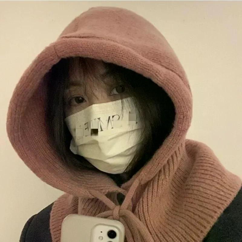 Korea Winter Hats and Scarf Set with Botton Scarf Balaclava Hat Warm Neck Set Women Knitted Wool Pullover Hat Gothic Y2k