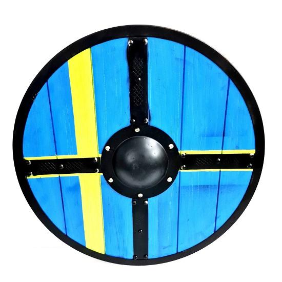 Medieval viking shield, wooden shield of ragnar viking, battles sweden flag for wall art,