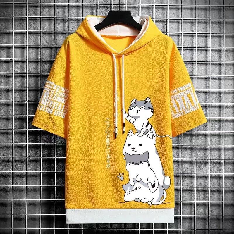 Summer Men's Casual All-match Hooded Cardigan Quick-drying Running Sports Men's Printed Short-sleeved Top
