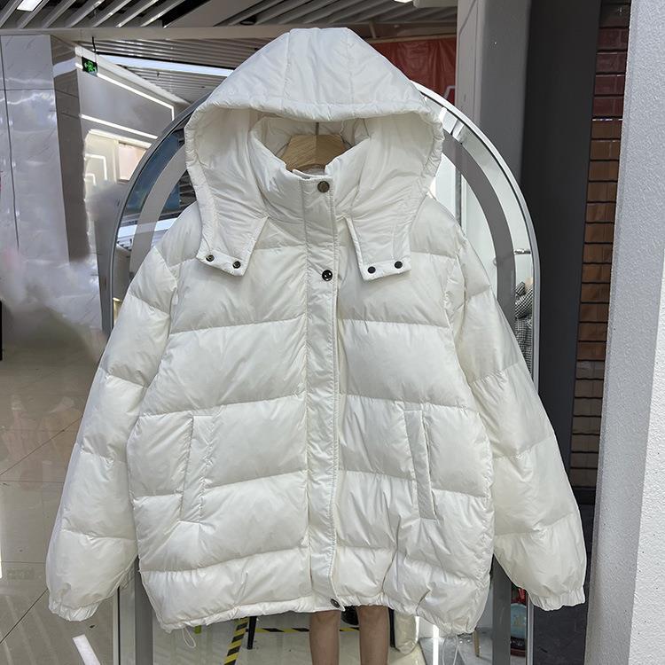 New Down Jacket with Hat Women's Short Solid Color Simple White Duck Down Winter Coat Trend Thickened