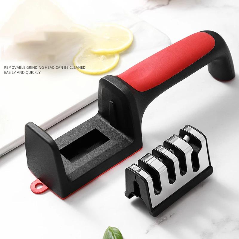 Afilador de cuchillos de cocina multifunción de mano de 3/4 etapas, herramienta de afilado rápido con accesorios antideslizantes.