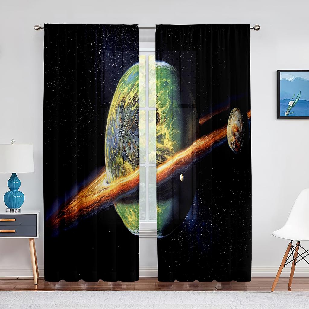 Galaxy Tulle Curtains Blue Red Planets Orbital Ring Stars Outer Space Sheer Voile Curtain for Living Room Bedroom Kitchen Decor