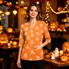 Women's Casual V-Neck Scrub Top with Pockets and Side Slits, 3/4 Sleeve Halloween Print