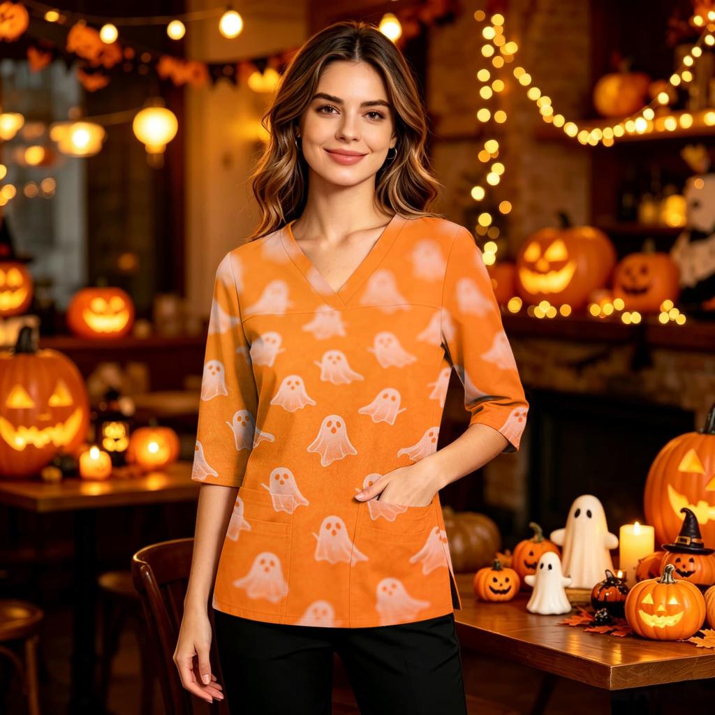 Women's Casual V-Neck Scrub Top with Pockets and Side Slits, 3/4 Sleeve Halloween Print
