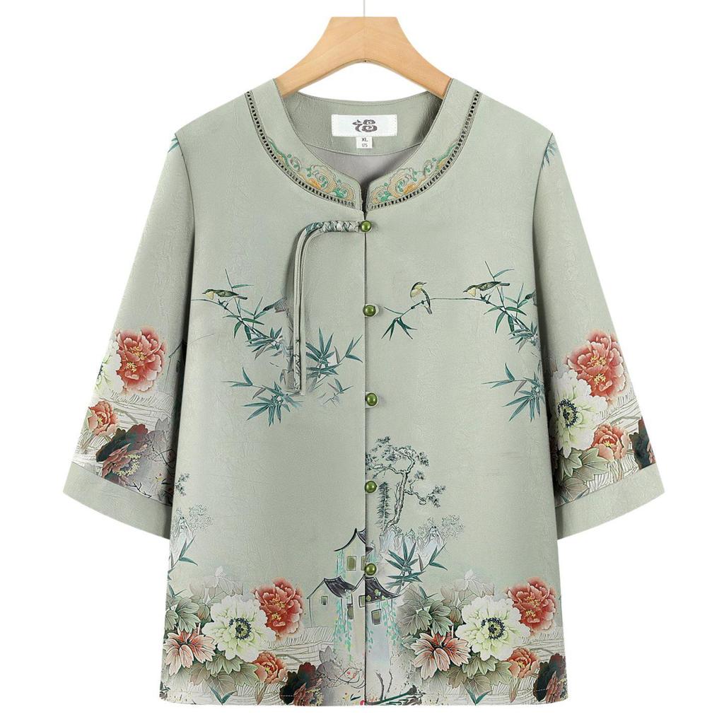 Stylish Summer Set for Women: Chinese-Inspired Short-Sleeve Top and Pants for Middle-Aged and Elderly Ladies