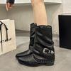 Fashion Goth Rivets Thick Heels Mid Calf Boots Women Fashion Pointed Toe Zipper Riding Boots Woman Spring Autumn Belt Buckle Punk Botas