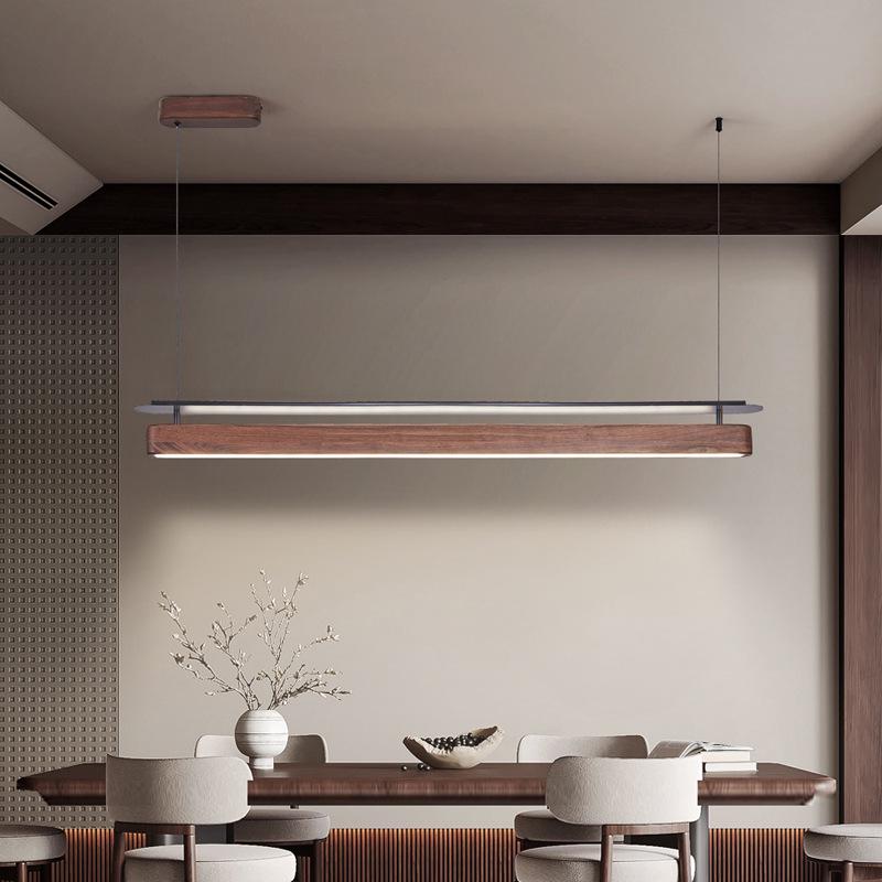 Minimalist North American Black Walnut Chandelier: Zen-Inspired Long Strip Lamp for Restaurants and Bars