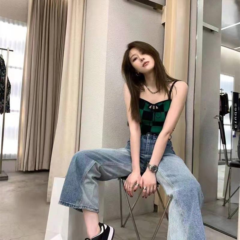 Checkerboard Short Folded Knitted Vest Women's Summer Korean Version of Skinny Tight-fitting Bottom Knitted Halter Top
