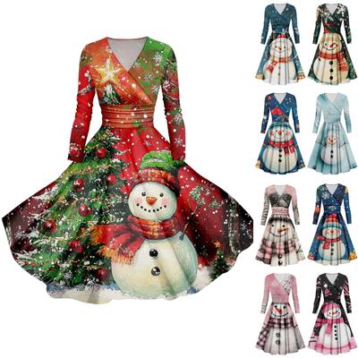 Women's Casual And Fashionable Christmas Printed Long Sleeved V-neck Sexy Dress