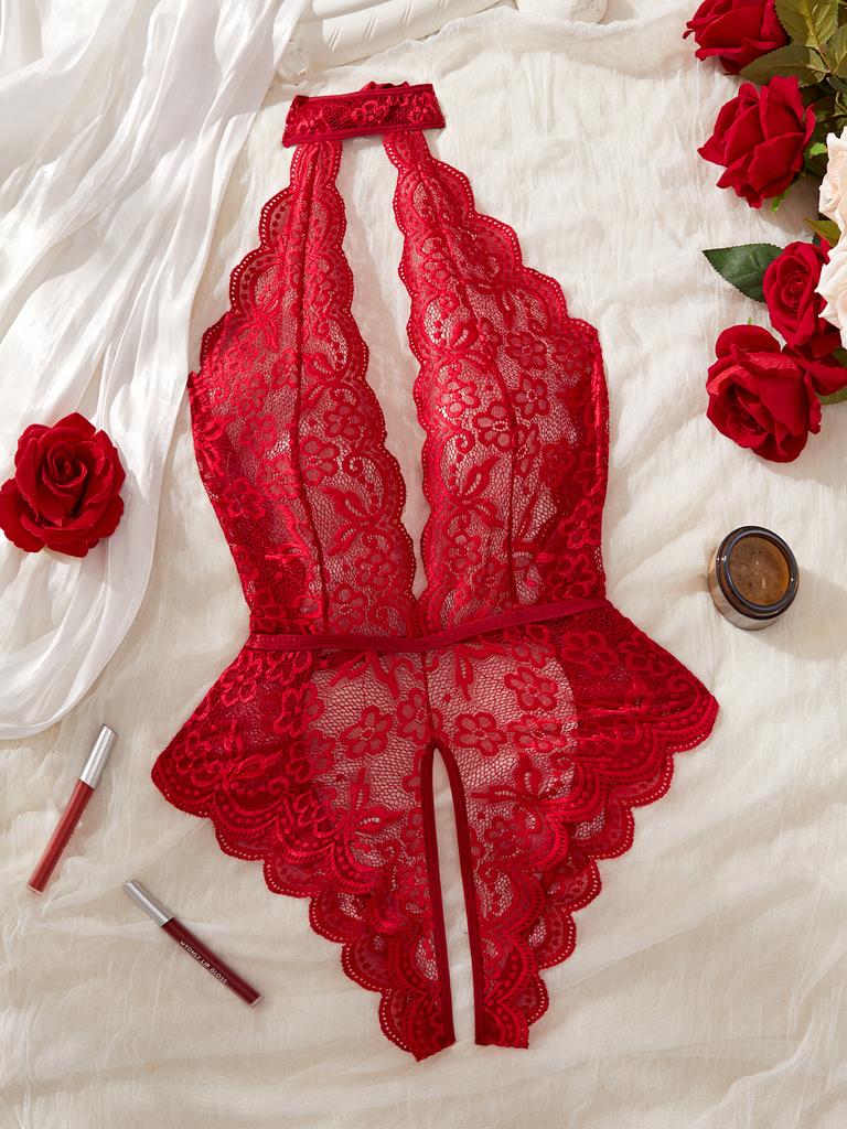 Christmas Valentine's Day Halter Backless Crotchless Lingerie For Sex Erotic Bodysuit DeepV Transparent Sexy Lace Babydoll Dress