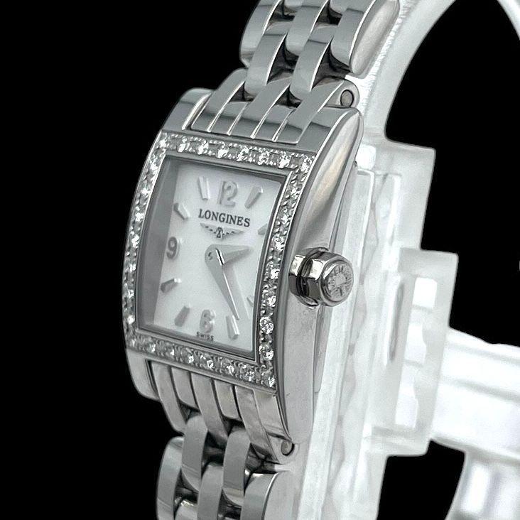 Used New battery, working condition LONGINES Dolce Vita L51610 diamond bezel shell dial ladies watch quartz QZ 2-hand silver