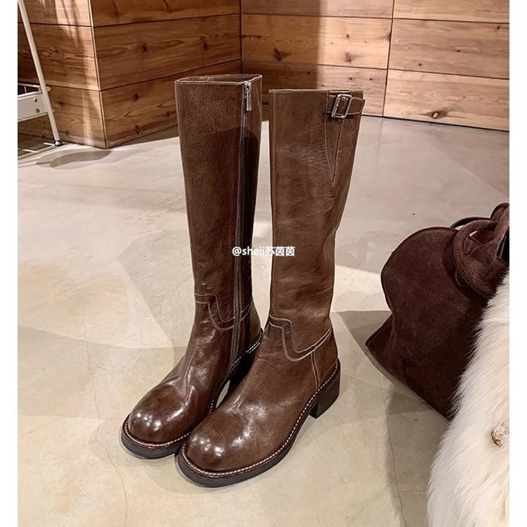 

Коровья кожа~ Сапоги-ботфорты на толстом каблуке с пряжкой в стиле ретро из конской кожи с эффектом зимней стирки, как у Су Иинь, женские сапоги в стиле рыцаря 40