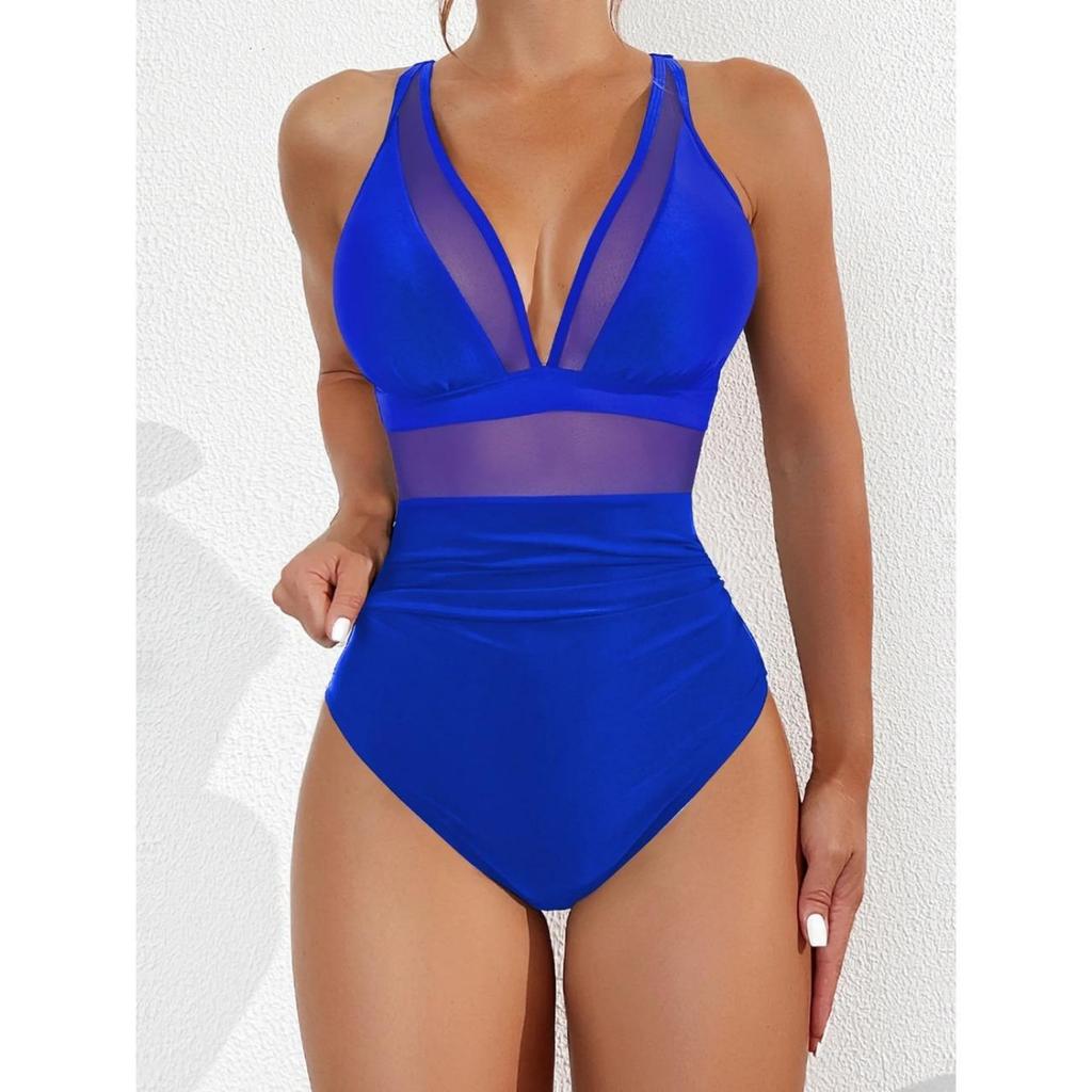 Solid One-piece Swimsuit Women Deep V-neck Removable Bra Plain Monokinis New Summer Beach Swimwear Swimsuit Female