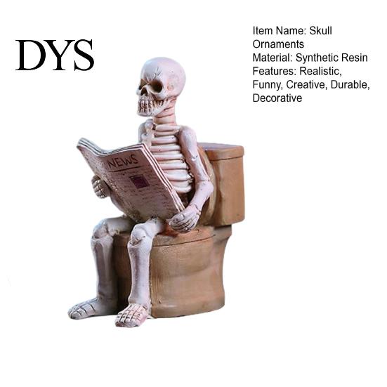 Gothic Desk Accessory Skeleton Sitting on Toilet Resin Figurine, Realistic Skull Tabletop Quirky Gift for Friends Ornament, Creative Halloween