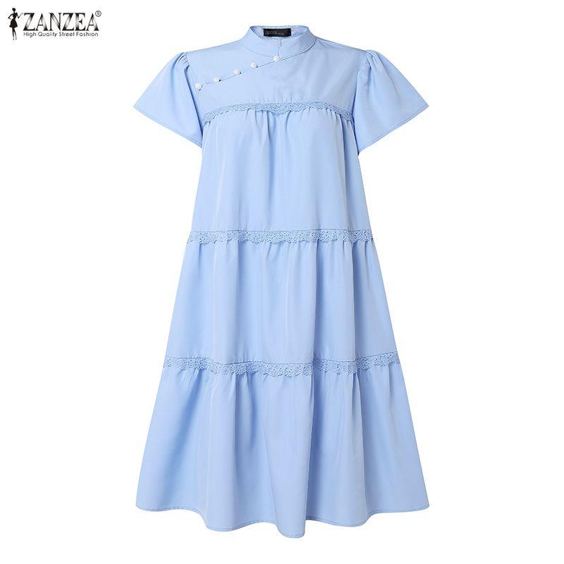 ZANZEA Women Elegant Casual Stand Collar Solid Color Loose Short Sleeve Dress