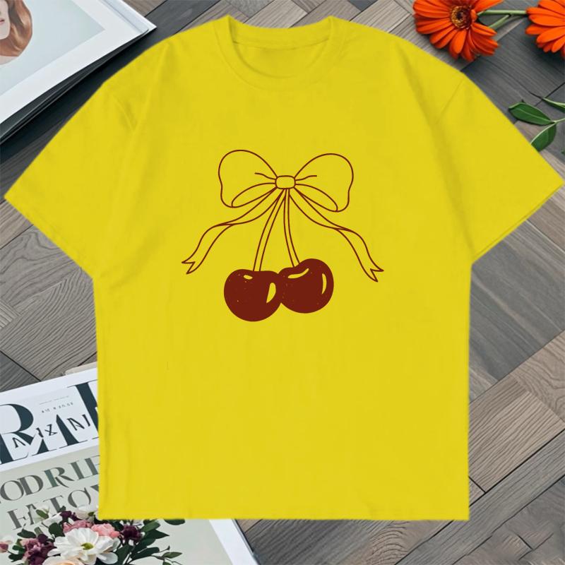 

High Quality Bow Cherry Graphic Print Harajuku Tee shirt 100 Cotton Unisex Women short sleeve Trend Tshirts Crew Neck Unisex Tops 4XL