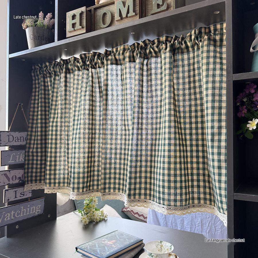 Dark Green Plaid Cotton-Linen Retro Half-Length Curtain for Windows or Cabinets