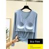 With Chest Pad Modal Long Sleeves Shirt Women Autumn Loose V-neck All-Match Casual Bottoming Shirt Thin Plus Size Top