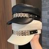 Rhinestone Chain Flat Top Hat Women's Spring and Autumn European and American Style Retro PU Cap Fashion Versatile Painter Newsboy Hat