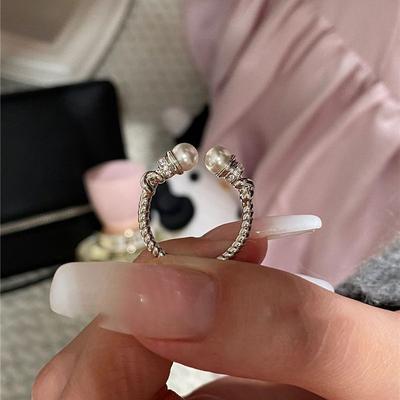 Medieval Zircon Twist Pearl Open Ring Light Luxury Fashion Versatile High Sense Personality Niche Exquisite Jewelry