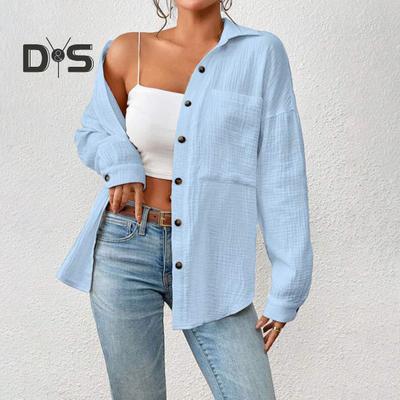 Chemisier décontracté à manches longues et revers pour femme, haut décontracté avec poche plaquée, couleur unie, coupe ample, pour le travail, les loisirs, le quotidien