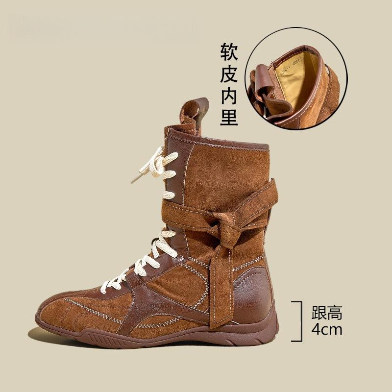 

Sheepskin version~ retro versatile matte leather boxing boots women s strap side zipper outer wear mountaineering training Martin boots. 40