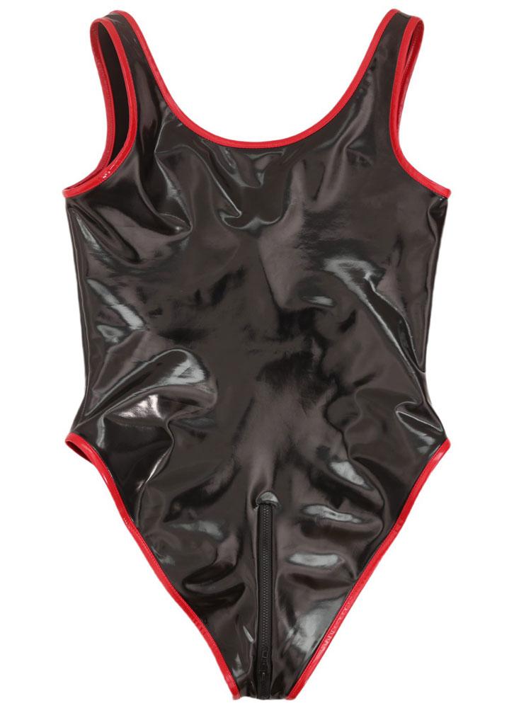 Women's Hollow Out Breast Wet Look PVC Shiny Bodysuit Tops Zipper Open Crotch Erotic Tights Body Teddies Clubwear PU Catsuit