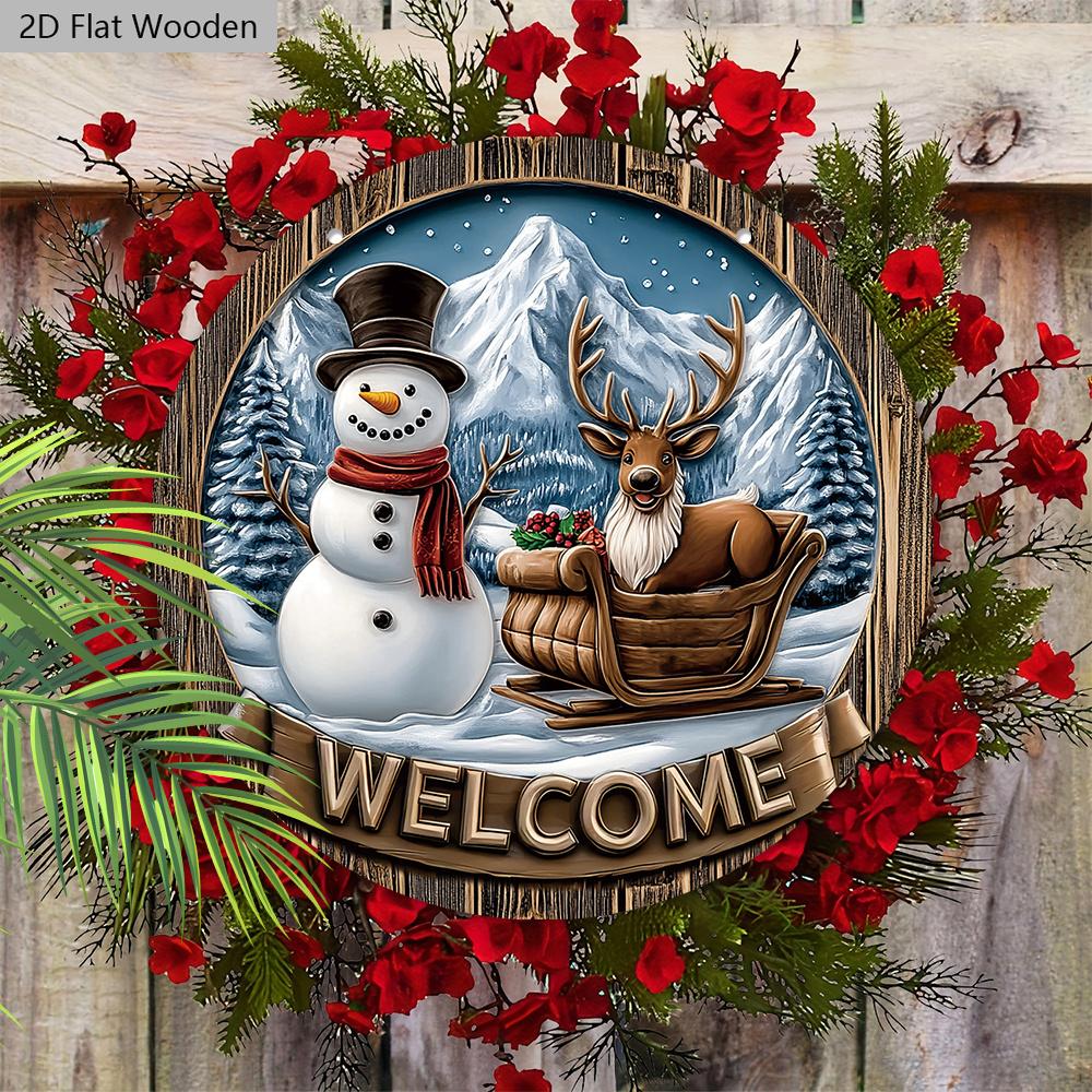 Christmas Wooden Welcome Sign with Snowman & Elk Pattern - Navidad Round Sign for Front Door, Wall Hanging Decor - Ideal Christmas Ornament