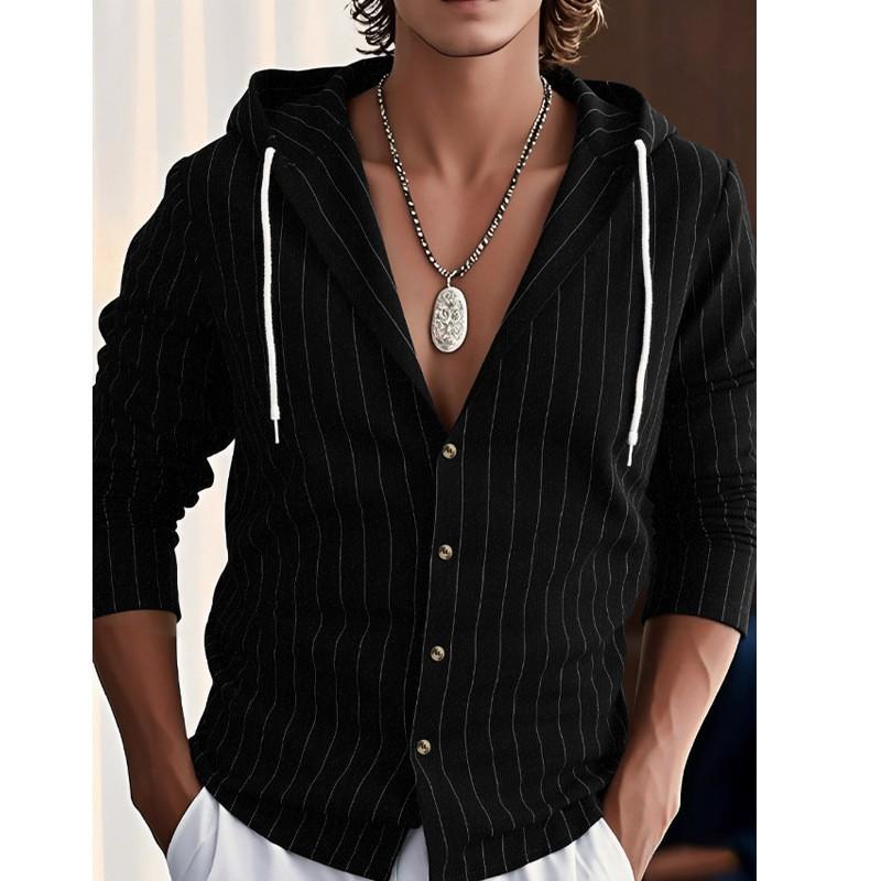 Mens Striped Hooded Linen Blend Long Sleeve Shirt Casual Loose Fit Beach Top