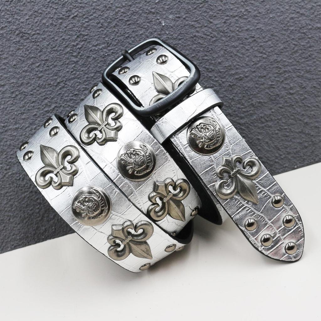 Kožený opasek s nýty ve tvaru lebky: Unisex punkový pásek s potiskem hada