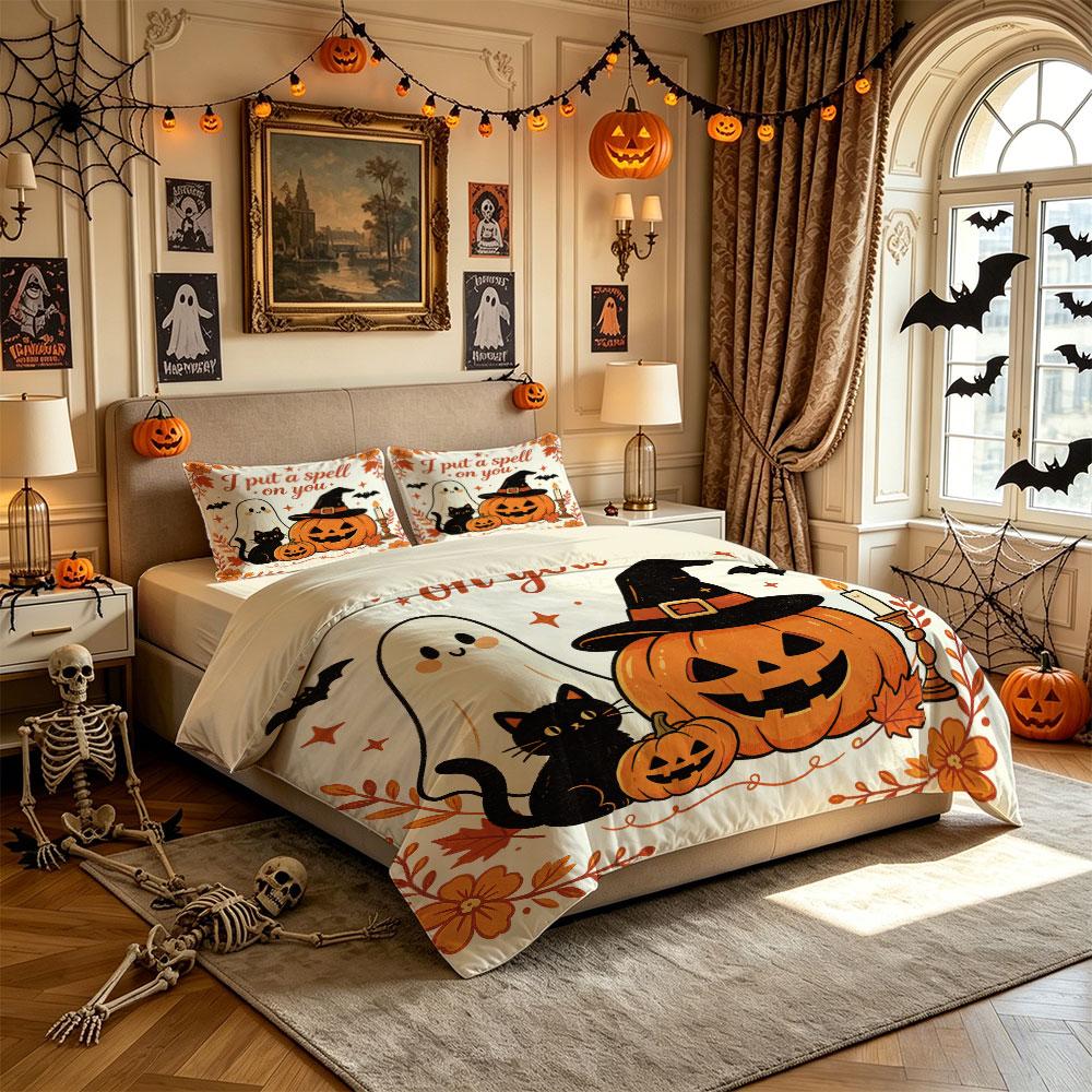 Halloween Rzucam na Ciebie urok Duch Wiedźma 3-częściowy komplet poszewek na kołdrę Czarny Kot Dynia Czarodziejski Wystrój Pościeli