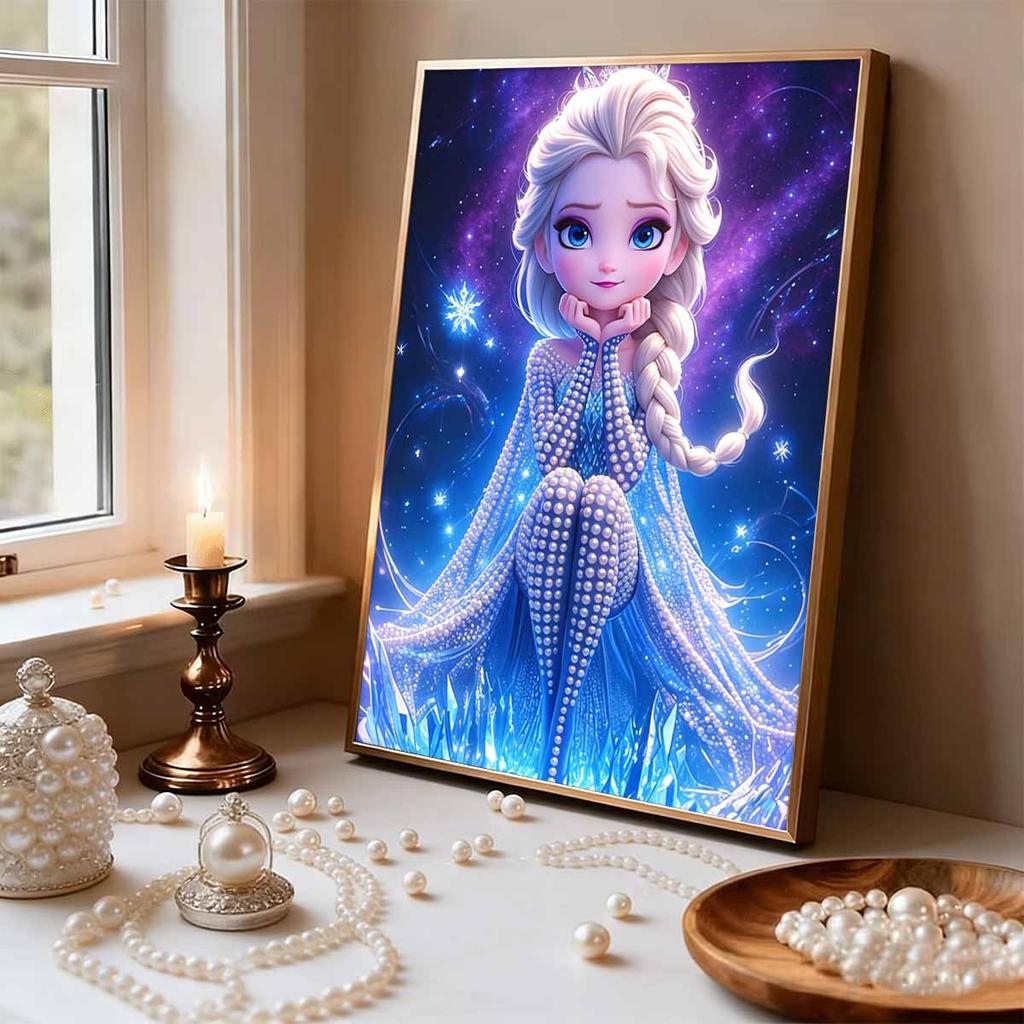Chibi Starry Ice Elsa New Pearl-Inlaid Frameless Art | Handmade Pearl Craft, Dreamy Starry Ice Theme, for Cute Girly Frozen Style Home Decor