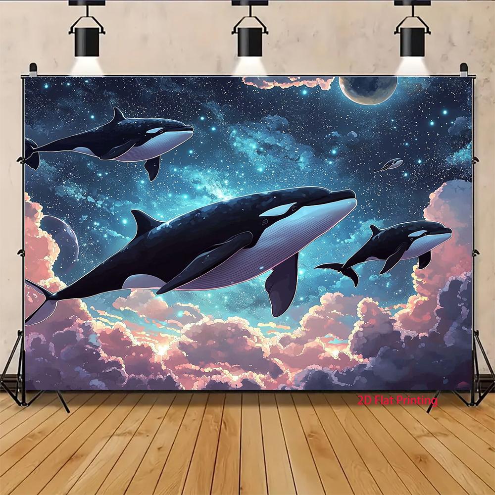 2D plane whale roaming in the starry sky background fabric suitable for party studio props home use polyester fiber