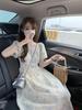 Coffee break French retro floral dress women's summer temperament waist bubble sleeves gentle wind first love long dress