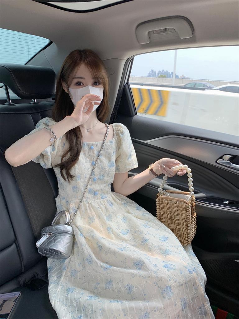 Coffee break French retro floral dress women's summer temperament waist bubble sleeves gentle wind first love long dress