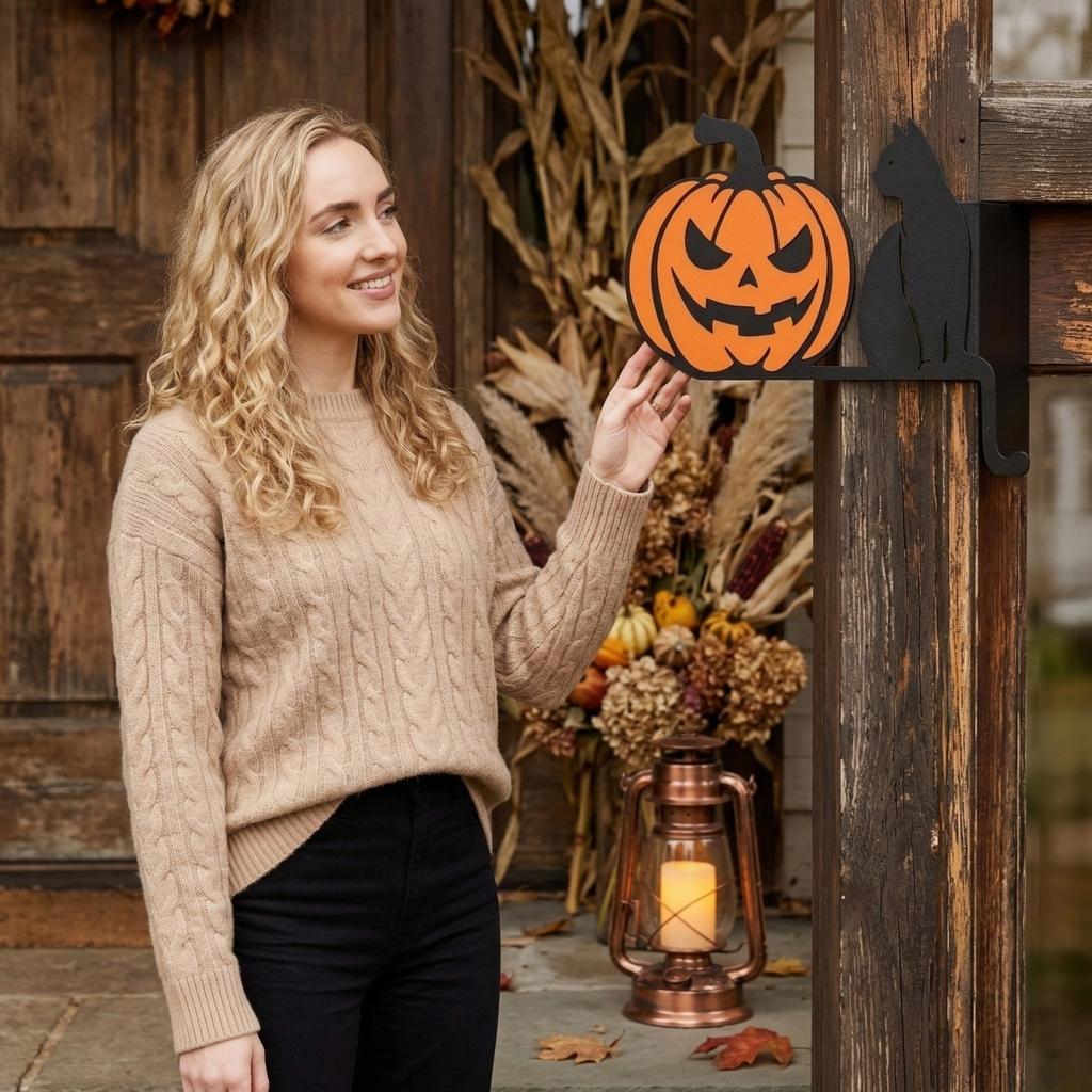 Iron Art Black & Pumpkin Door Frame Decor - Spooky Halloween Door Top Ornament, Wrought Iron Window Valance For Porch & Entryway