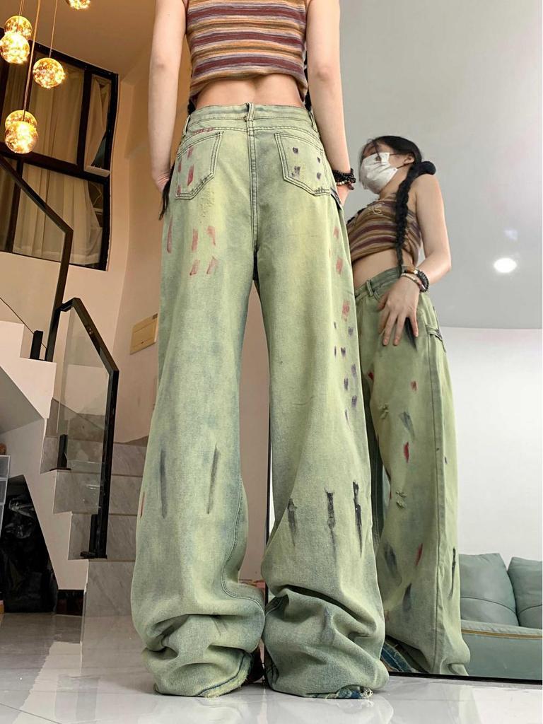 2025 Herbst Retro Spritzer zerrissene Low-Rise Wide-Leg Jeans für Männer und Frauen – Europäischer und Amerikanischer High Street Stil