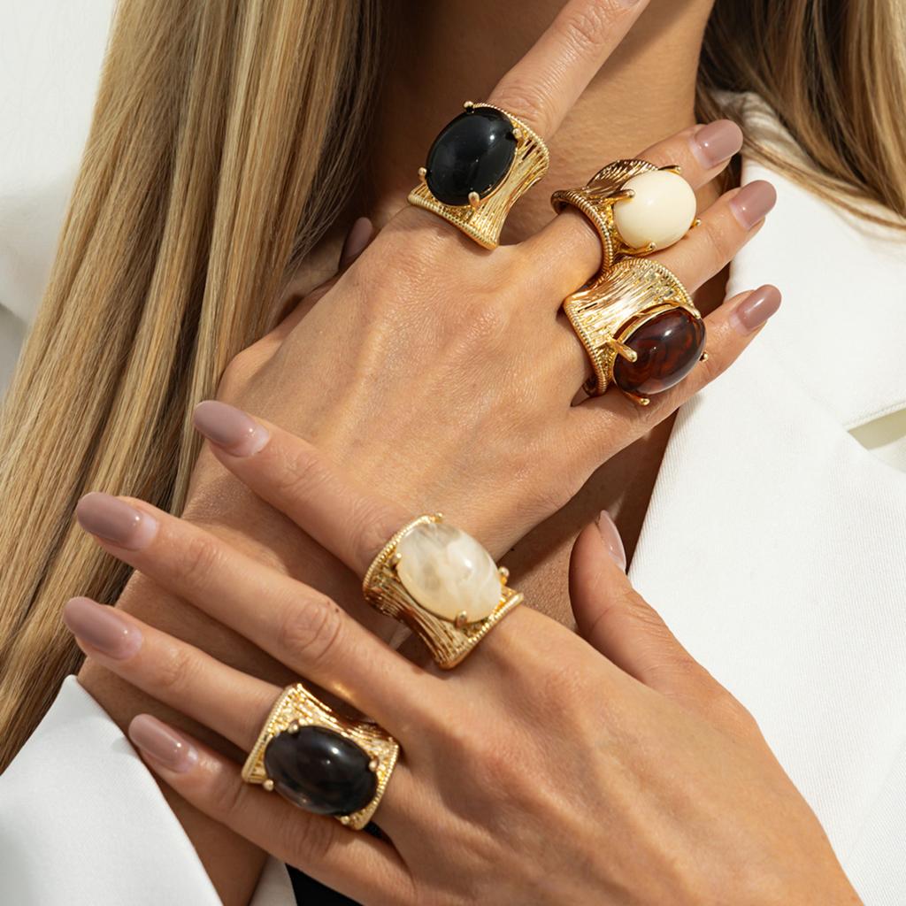 SHIXIN 5 Colors Luxury Elliptical Acrylic Chunky Open Rings for Women Vintage Geometric Golden Adjustable Wide Knuckle Ring Gift