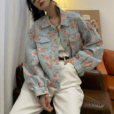 Vintage Floral Print Women's Jacket Casual Short Basic Coat for Women Autumn Outwear Denim Jackets Female